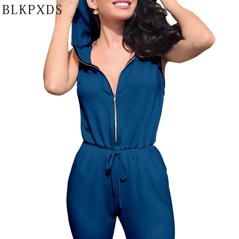 Zipper Hooded Cut Hole New Summer Black White Sleeveless Women Jumpsuit
