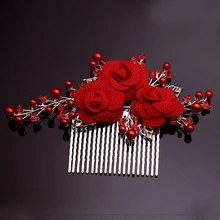 Стразы ручной работы, свадебные аксессуары для волос, большой золотой цветочный свадебный гребень для волос для невесты, праздничный красный бисер, цветочный головной убор