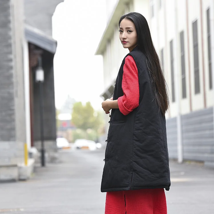 Длинный жилет в китайском стиле, женский зимний жилет с подкладкой, пальто без рукавов, винтажная теплая оригинальная верхняя одежда, Однотонный женский жилет B241