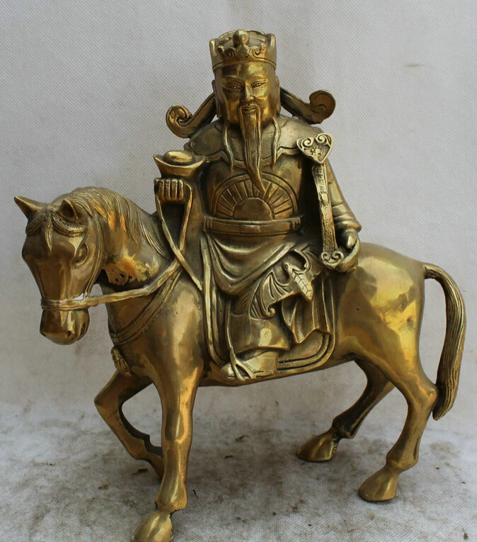 

S2130 10 Chinese Brass Yuan Bao Ru Yi Mammon Money Wealth God Ride Horse Statue D0318