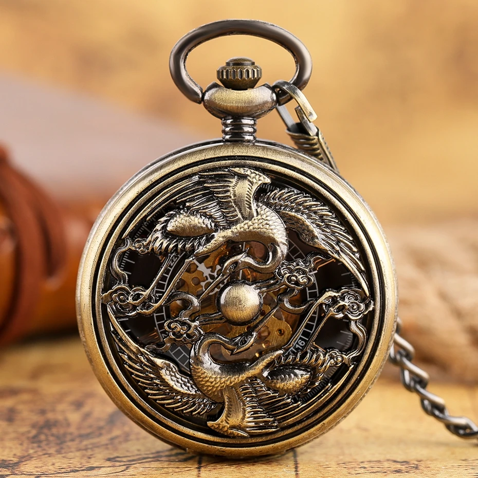 Vintage Chinese Crane Pattern Mechanical Pocket Watch Retro Bronze Phoenix Hand-winding Pendant Chain Clock Men Women Elder Gift (7)