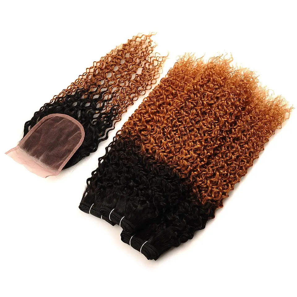 Pinshair Indian Kinky Curly Hair Ombre 1B 30 3 Bundles With Closure Blonde Indian Jerry Human Hair With Closure Non Remy No Shed (52)