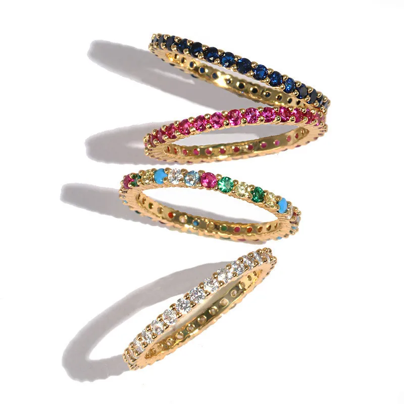 

AOTEMAN multi color eternity band delicate rainbow cz chic girl women colorful beautiful full cz stack skinny ring