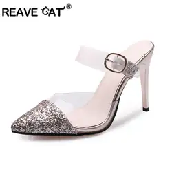 REAVE CAT/женские шпильки сандалии острый носок blingtransparent ясный с петлей на пятке; без застёжек; Высокий каблук; летние туфли для вечеринки Size42