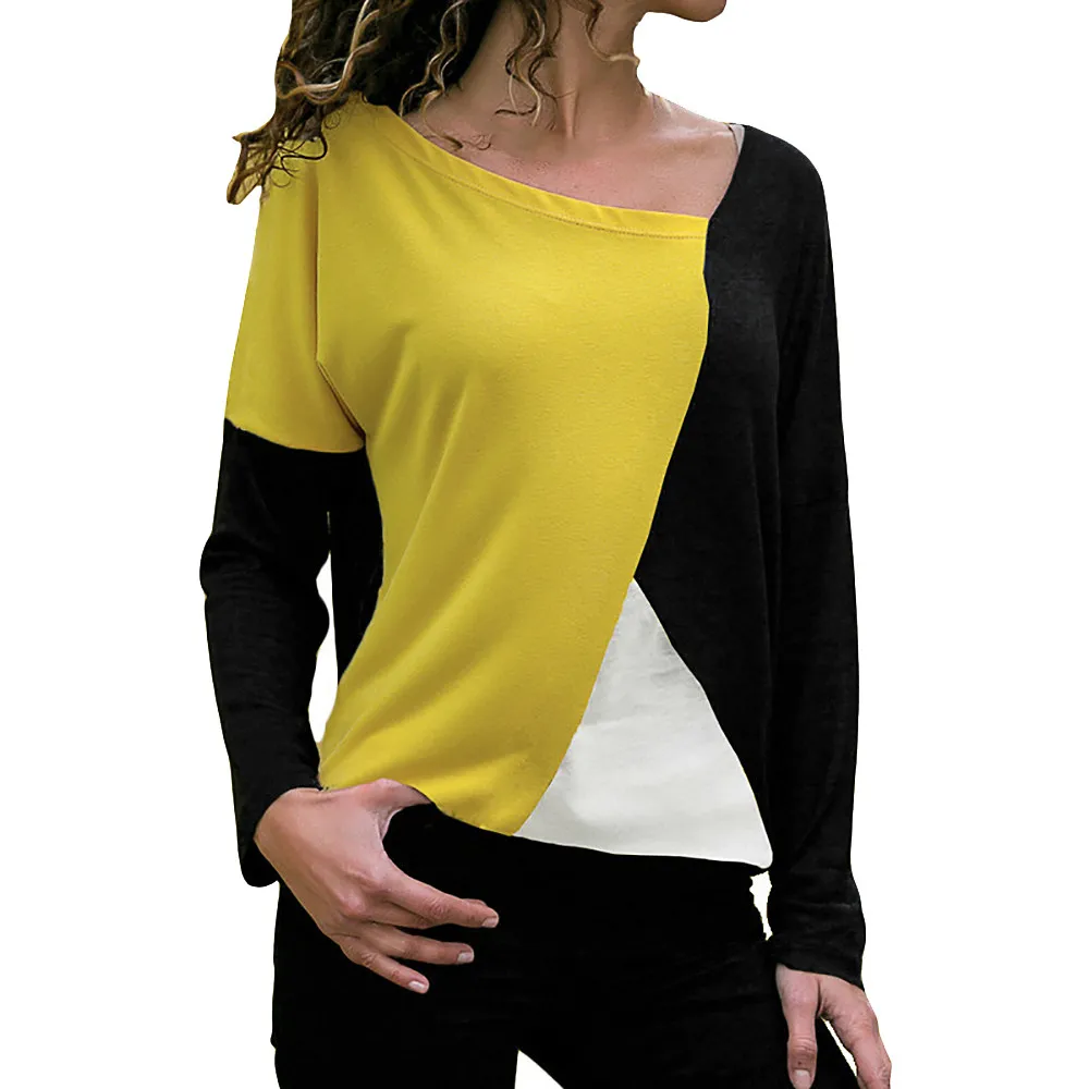 30# модная женская блузка, рубашка в стиле пэчворк, цветная одежда с круглым вырезом, длинный рукав, блузка размера плюс, топ, blusas mujer de moda - Цвет: Yellow