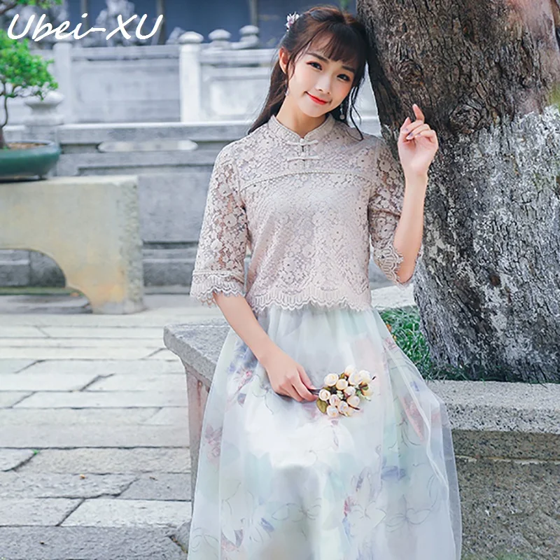 

Ubei Spring/Summer new women's two pieces skirt set retro top sleeve lace shirt printed elastic waist slimming skirt set