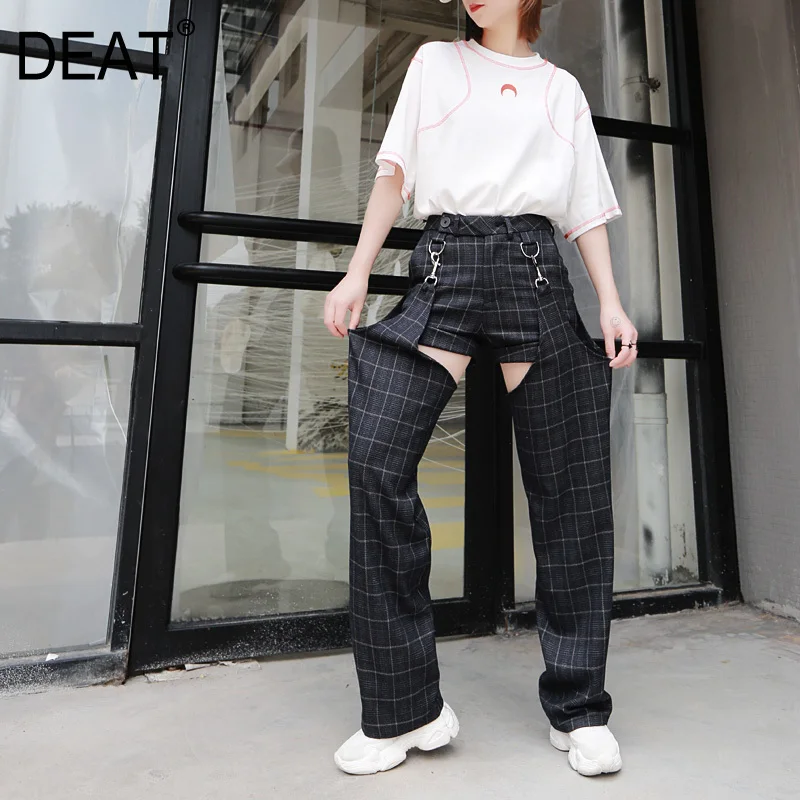 

[DEAT] 2019 New Spring Summer High Elastic Waist Two Piece Split Joint Personality Blue Plaid Pants Women Trousers Fashion JU69