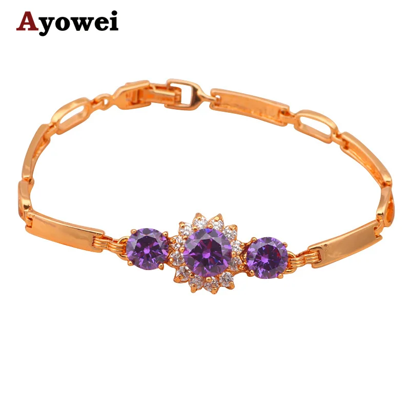 Блестящие золотые цветные браслеты, циркониевый дизайн, AAA циркон и фиолетовый кристалл, Здоровье никель и свинец, модные ювелирные изделия TB307A