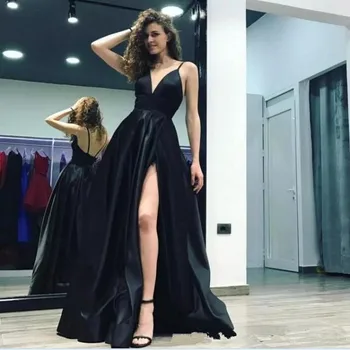 

2019 Sexy Black Deep V Neck A-Line Evening Gowns Spaghetti Straps High Slits Long Backless Court Train Satin Formal Prom Dresse