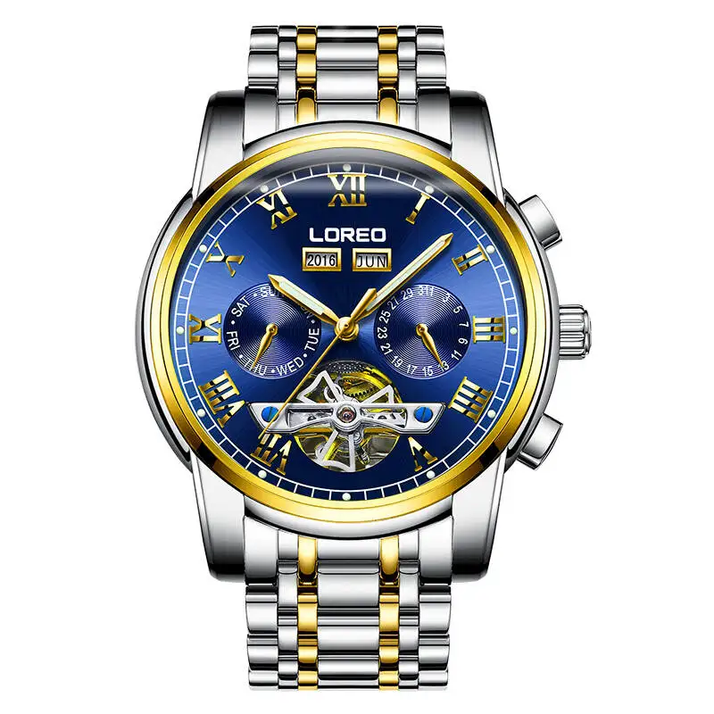 

LOREO 6108 Germany watches men luxury brand Tourbillon high quality Classic automatic self-wind moon Phase sapphire luminous