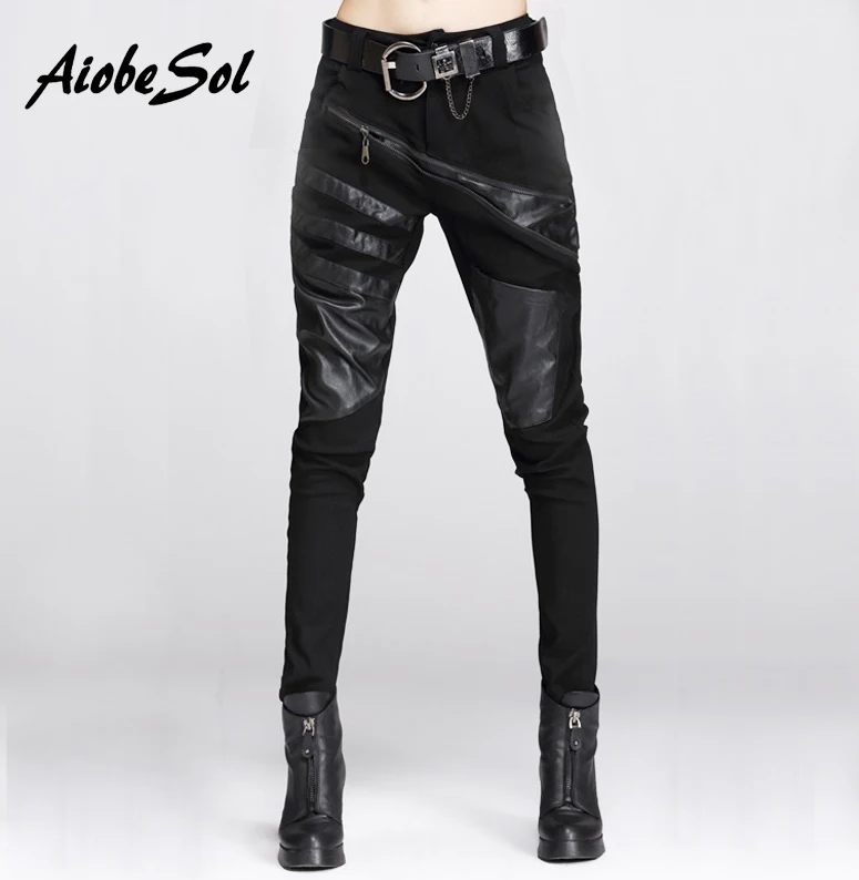 

High Quality Women Harem Pants Spring Autumn Personality Slim Pu Patchwork Zipper Decoration Long Pencil Pants Female Trousers