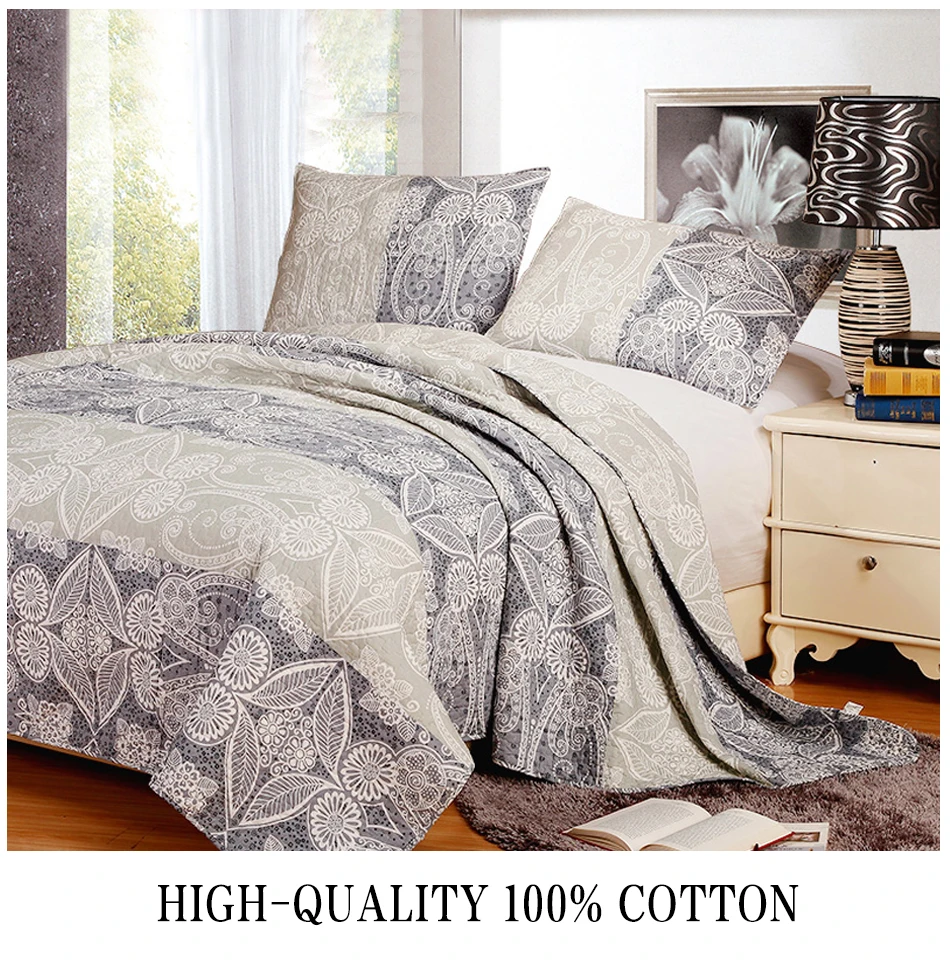 100 Cotton Grey Paisley Quilted Bedspread Queen Twin Size Quilt Set