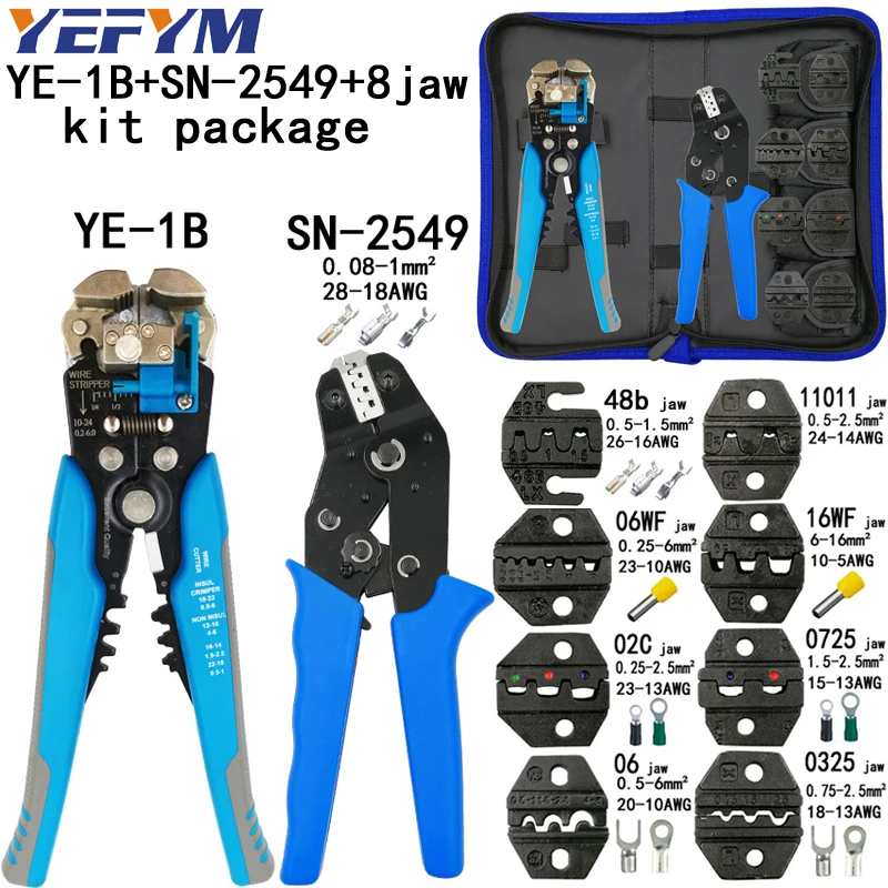 

YEFYM SN-2549 0.08-1mm2 crimping plier kit 8 jaw for tube/plug spring/insulation/non-insulation most type terminals tools