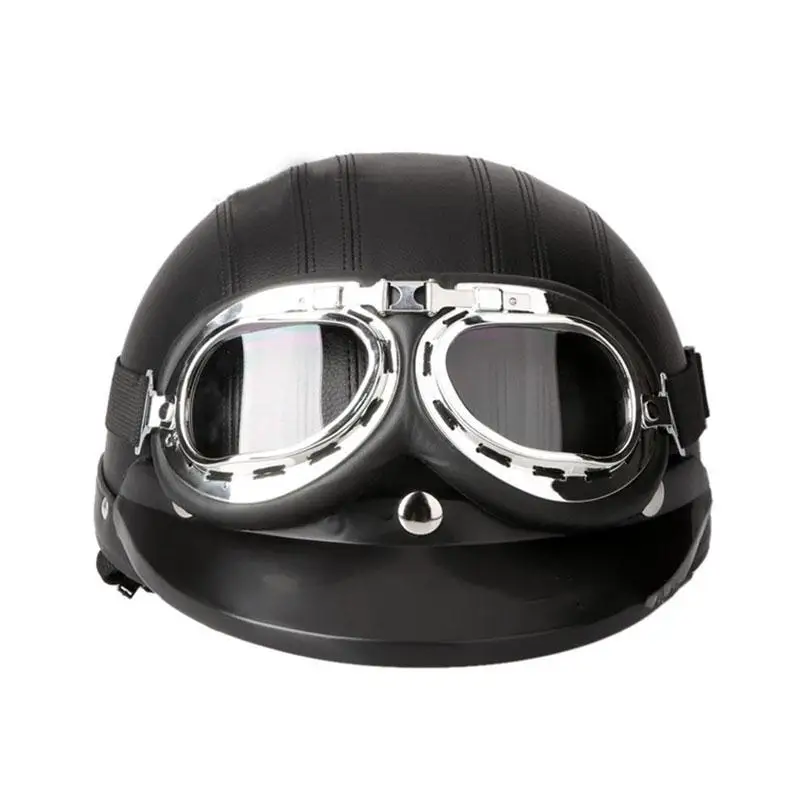 

German Style Motorcycle Black Half Helmet + Goggles For Biker Cruiser Scooter