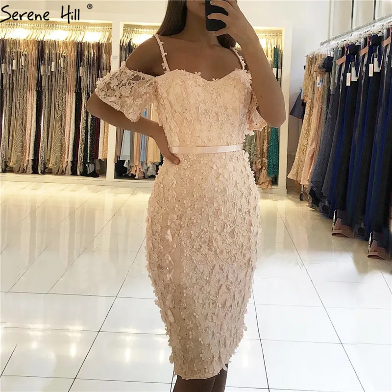 

Nude Short Sleeves Sexy Elegant Cocktail Dress Handmade Flowers Crystal Cocktail Party Gowns 2019 Serene Hill LA60730
