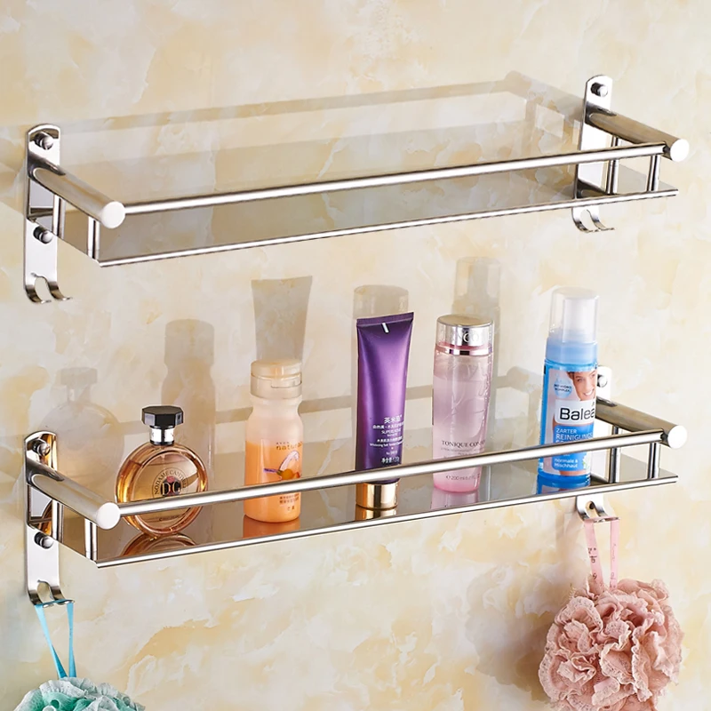 Bathroom Shelf Organizer Stainless Steel Corner Storage Holder Shelves Wall Mounted Toilet Shower Shampoo Cosmetic Rack 2 Hooks