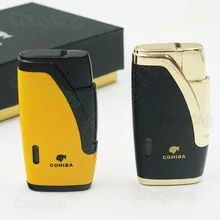 Европейский покупатель Cohiba Желтый металлический бутан 2 Факел струйная Зажигалка для сигары с дырокол для сигарет; защита от ветра зажигалки подарочная коробка