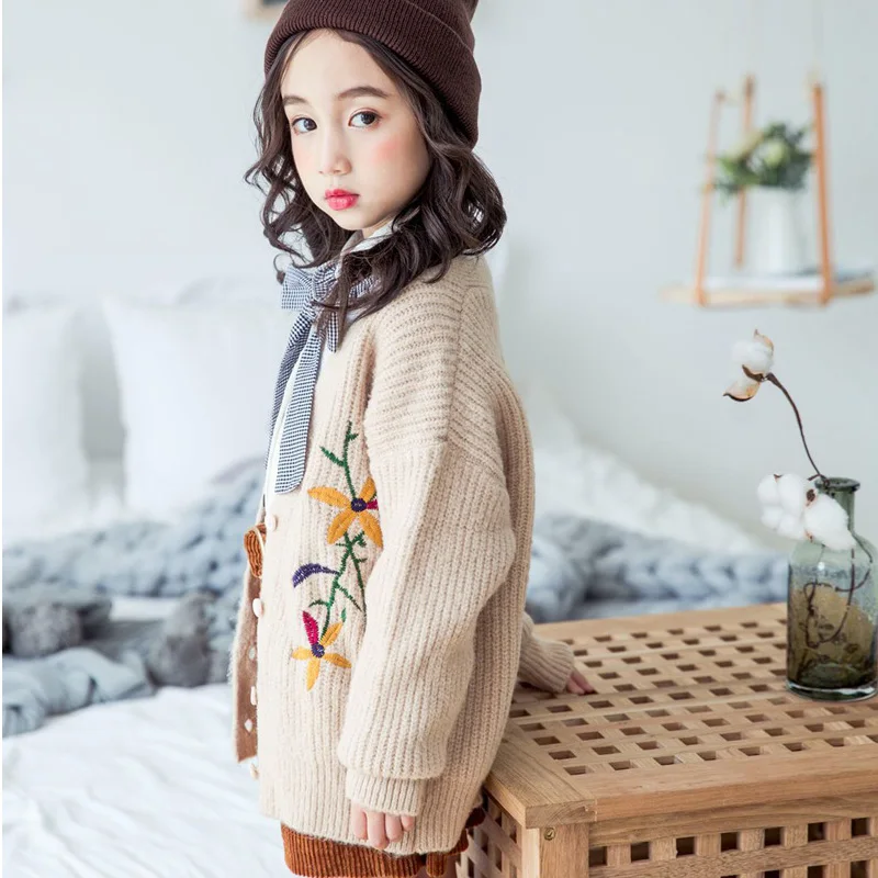 WOTTAGGA 2019 Spring Toddler Kid Girls Clothes Knitted Embroidered Flower Sweater Cardigan Coat Tops