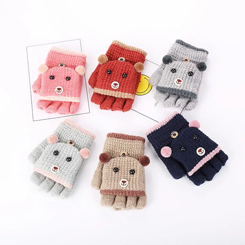 

4-10 Years Old Winter Kids Gloves Cartoon Bear Knitted Gloves Half Finger Warm Mittens Fashion Children Gloves for Boys Girls