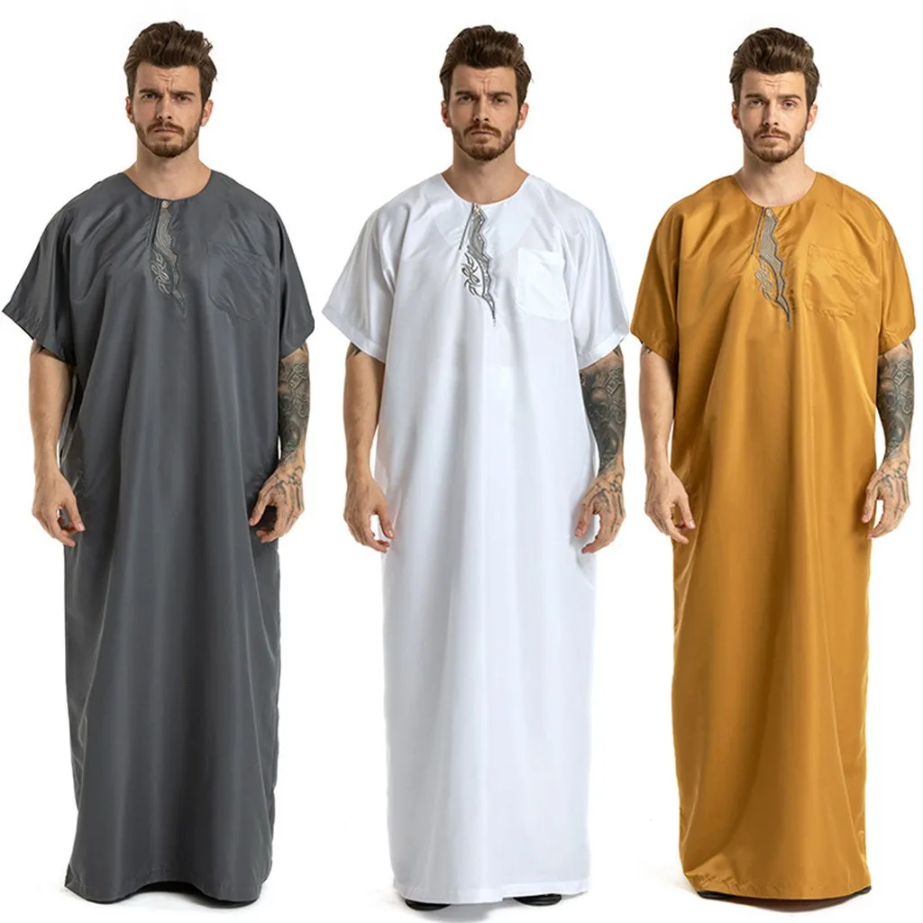

Men Ethnic Robes Short Sleeve Islamic Muslim Middle East Maxi Dress Kaftan