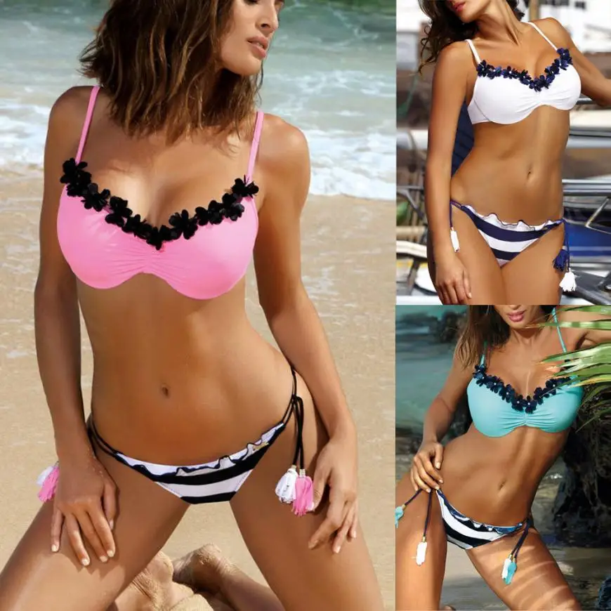 

Sumptuous Women Bikini Push-Up Padded Striped Swimwear Swimsuit Popular Beachwear Women's Swimsuits Sexy Cross Swimwear Biquini