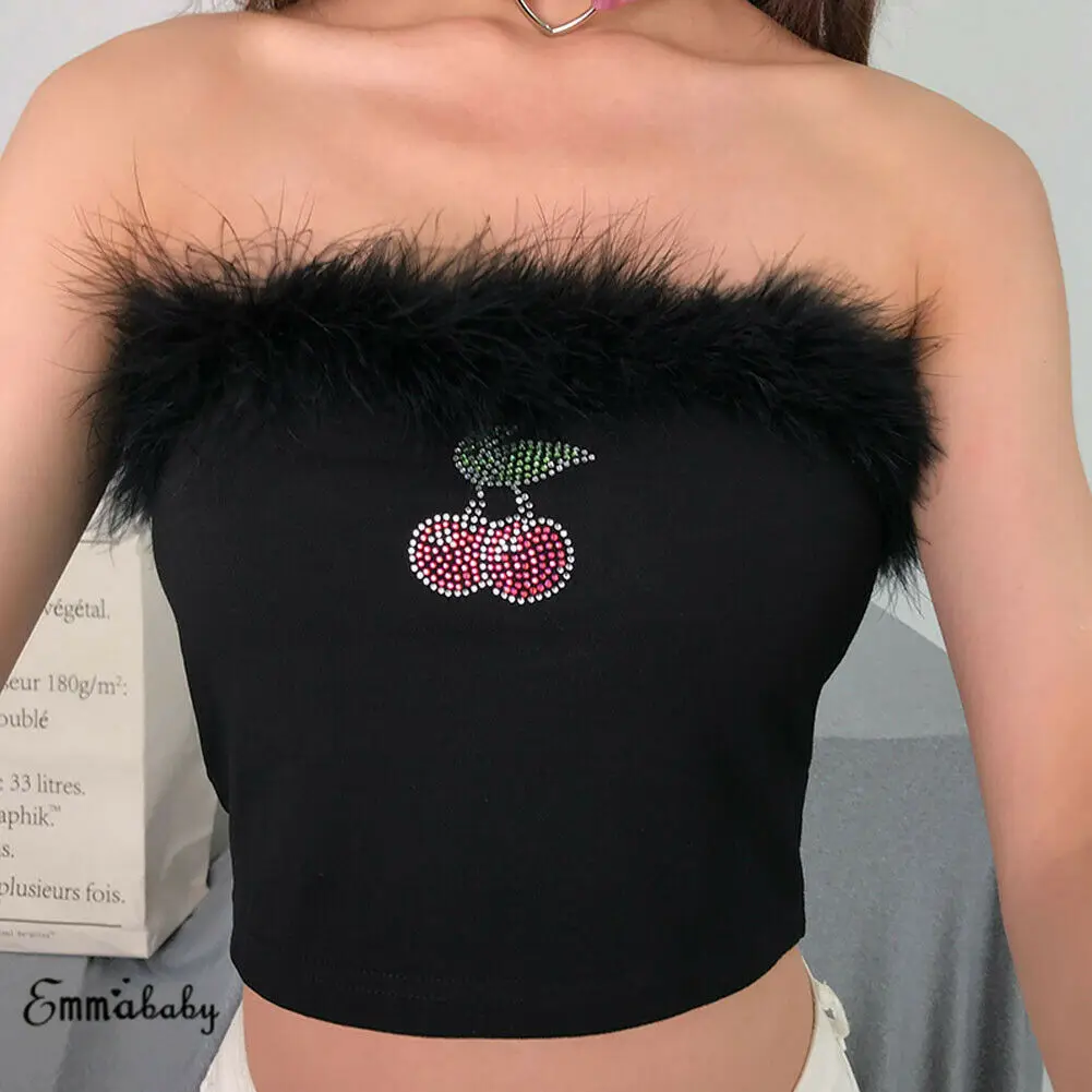 Сексуальные женские летние укороченные топы с черным мехом и перьями Майка без