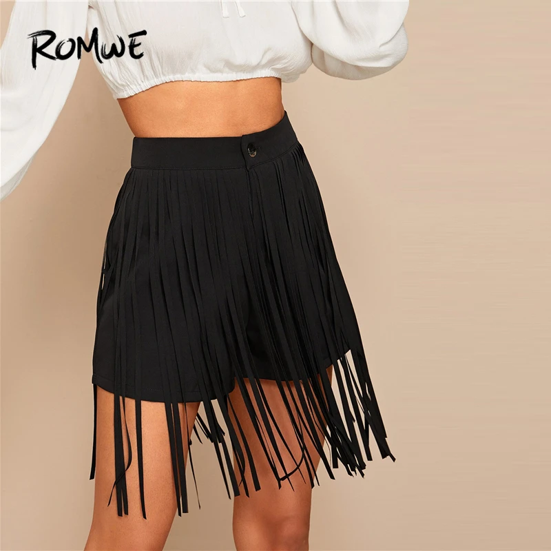 ROMWE, черные однотонные шорты с бахромой, женские летние шорты на пуговицах с высокой талией, богемная уличная одежда, простые шорты с высокой талией