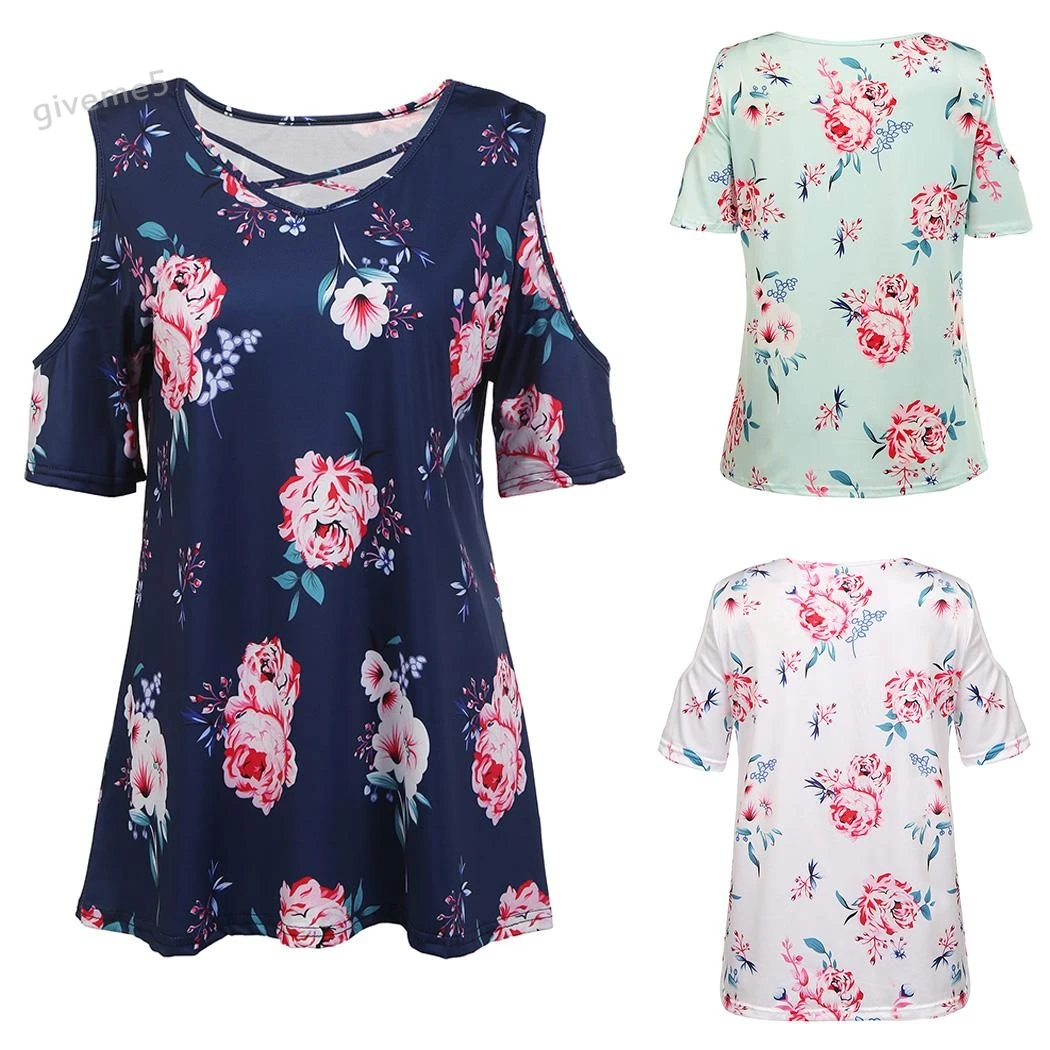 Women Summer Vintage Flower O-Neck Blouse