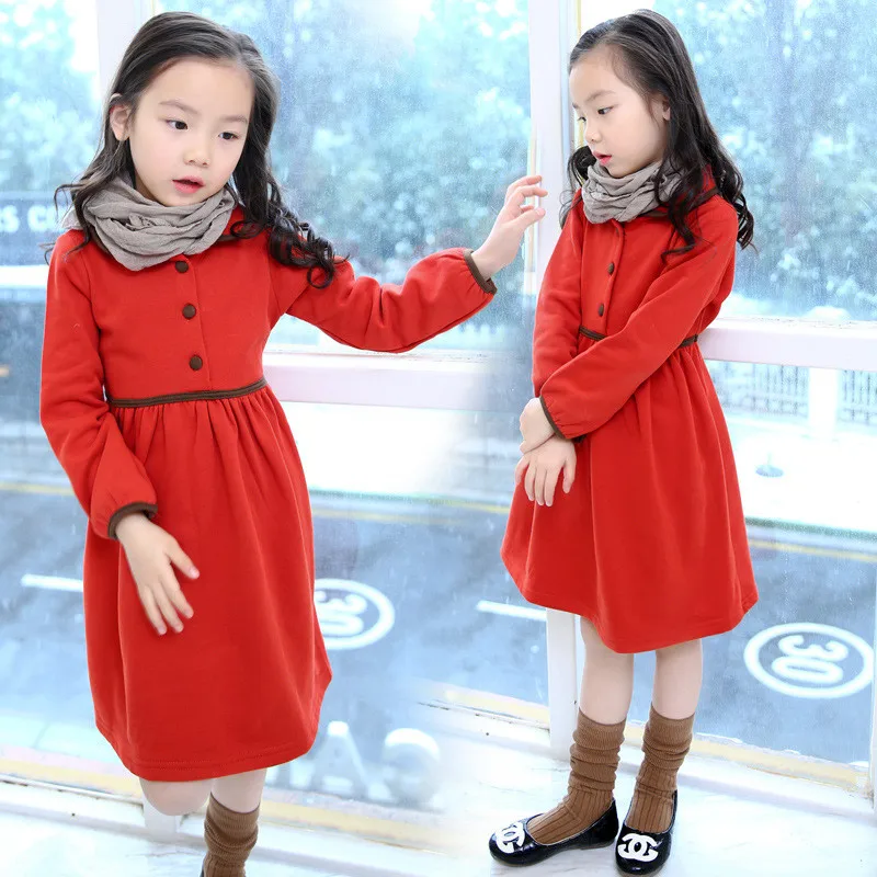 Autumn Dress For Girls Cotton Red Long Sleeve Girl Dresses With Button Vestido Kids Princess