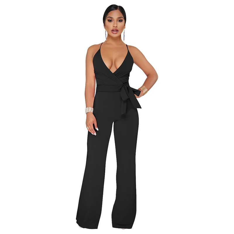 

Sexy Jumpsuit Sleeveless Spaghetti Straps Classic Solid Bodysuit Deep Low Cut V-neck Backless Jumpsuit Wide Leg Romper Clubwear