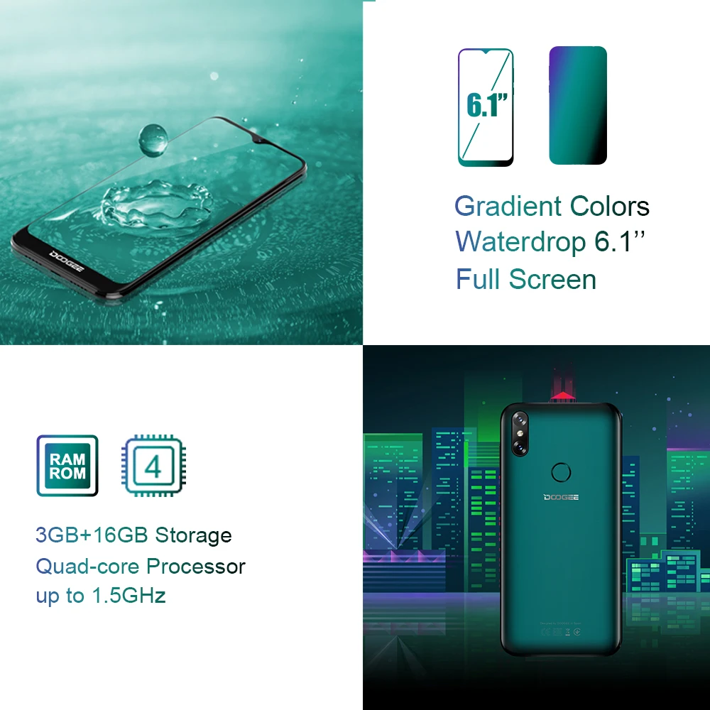 DOOGEE Y8 Android 9.0 FDD LTE Smartphone MTK6739 3GB RAM 16GB ROM 6.1inch 19:9 Waterdrop LTPS Screen 3400mAh Dual SIM 8.0MP Cam