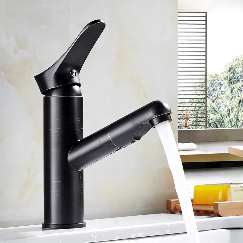 Bronze black pull type basin faucet copper European antique table telescopic basin faucet pull out faucets single hole