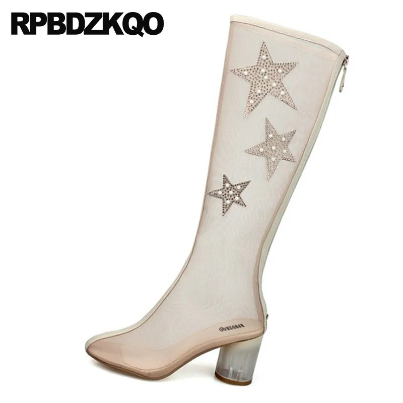 Beige Blanc Talon Bottes Clair D'été Longues blanc Marque Mariage Transparent Chunky Hautes Haute Rhinestone Femmes rouge Genou De Sandales Cristal Mesh Chaussures n0n7Hxr