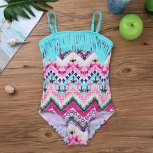 Детский цельный комбинезон для девочек, с бахромой, с регулируемыми бретельками на плечах, с принтом, летний купальный костюм, купальный костюм