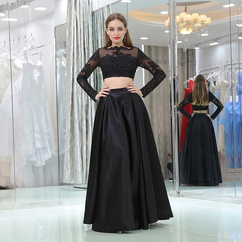 Forevergracedress Black Color Prom Dress Sexy Two Piece Long Sleeves Lace Evening Party Gown Plus Size Custom Made