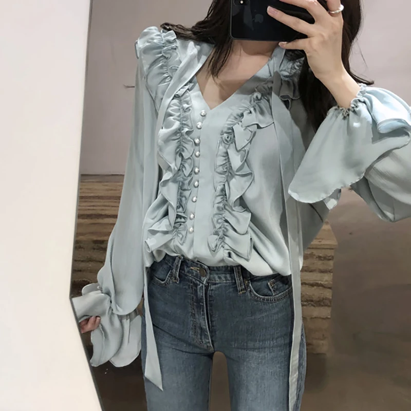 Pecho Solo Verde rosado Trompeta Dulce Loto Temperamento 2018 Más Manga Blusas Limited Nueva Señoras Hoja Hongo Camisa Las cuello Tamaño blanco V De RZ1v61qU