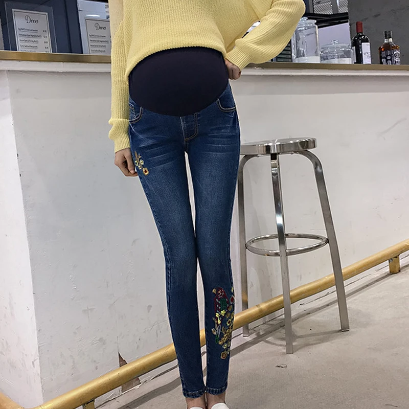 

High Quality Maternity Jeans Tight Pants For Pregnant Women Embroidery Adjustable Belly Denim Pants Pregnant Clothing Trousers