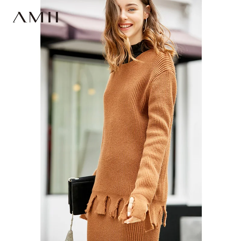 

Amii Minimalism Crewneck Sweater Women Autumn 2019 Causal Solid Tassel Long Sleeve Loose Winter Knitted Pullovers Sweater