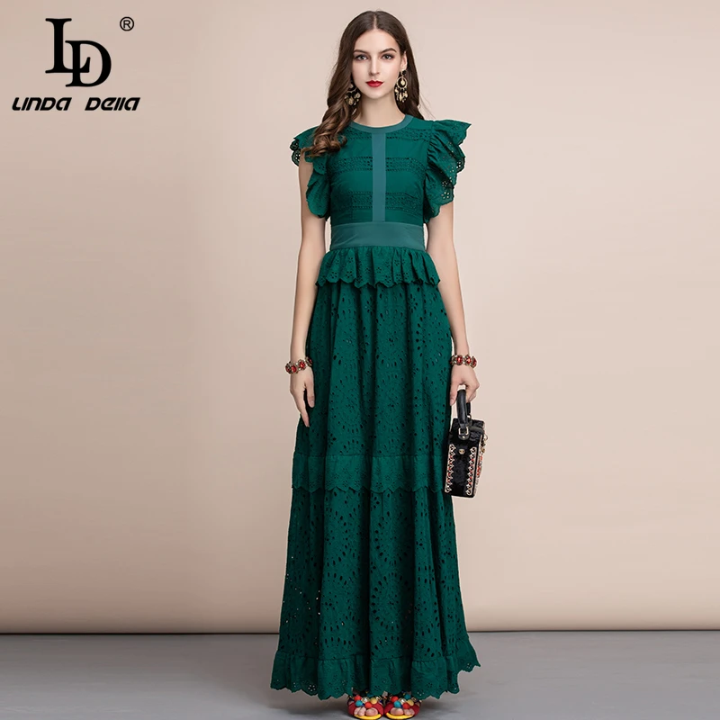 Женское длинное платье LD LINDA DELLA элегантное Однотонное Платье макси с оборками