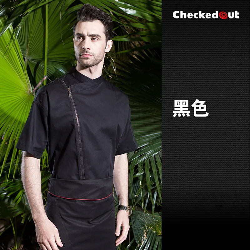 New arrival summer short sleeve cool chef coat for restaurant and hotel kitchen quality zip closure chef jacket black and white - Цвет: Black