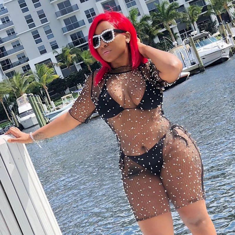 

2018 Fashion Beach Three Piece Set Casual Tracksuit Suit Women 3 Piece Set Sexy Crop Top+Shorts+Mesh Bead Dress Women Drop Ship