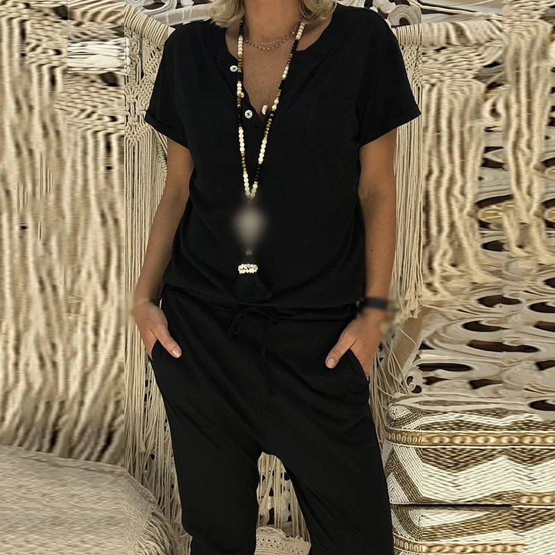 

Black/grey Jumpsuit For Women Solid Color V-neck Short Sleeve Sportswear Casual Overall Pockets Lace-up Loose Jumpsuit