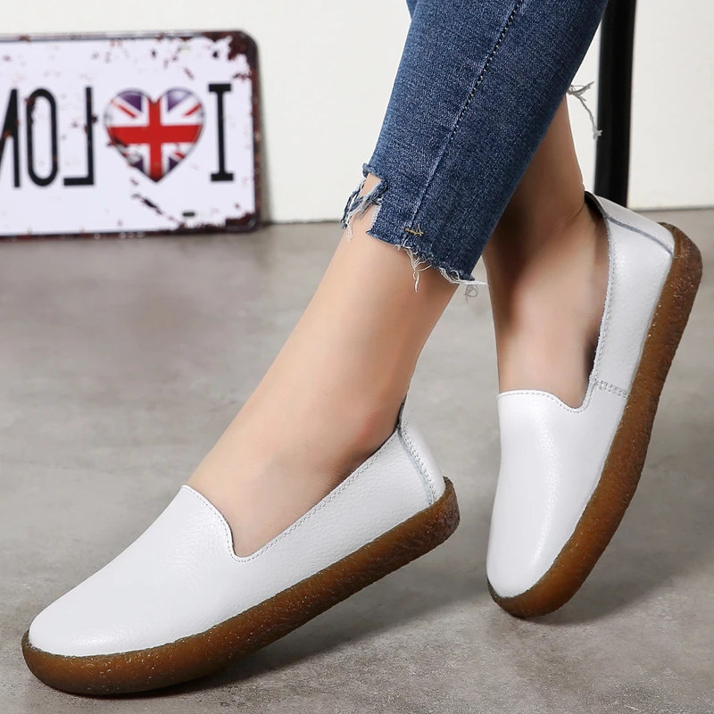 Zapatos blancos de piel auténtica mujer, suaves, informales, sin cordones|Zapatos planos de mujer| - AliExpress