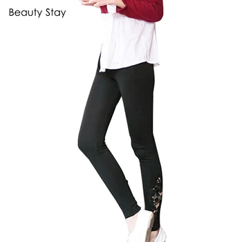 

BeautyStay Women Side Carved Lace Hollow Out Thin Leggings Girls High Elastic Waist Cotton Sexy Slim Skinny Female Casual Pants