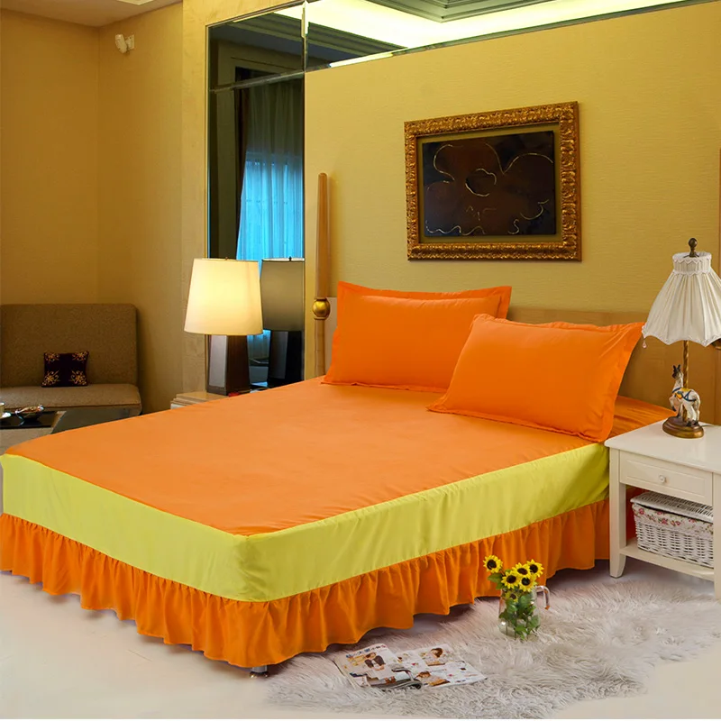 

3pcs solid color patchwork sheet set bed skirt pillow shams double full twin bedclothes/orange/wine/cyan