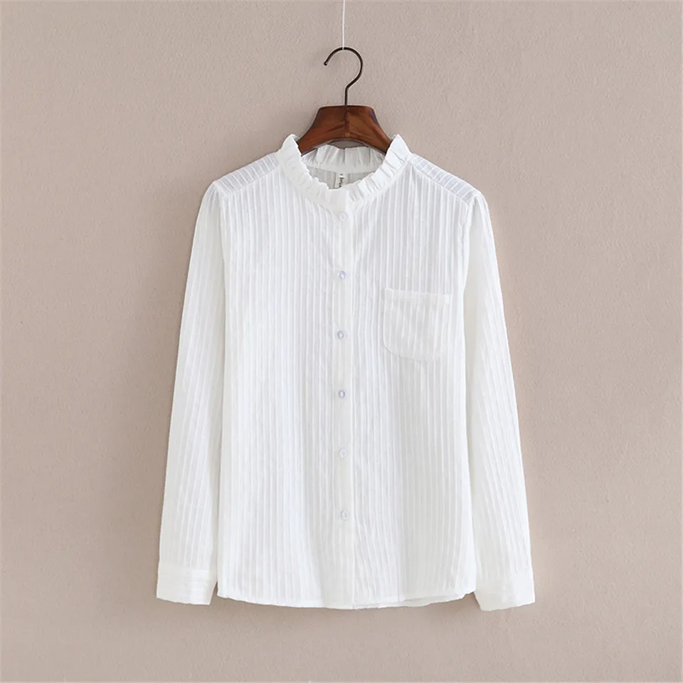 Весна осень хлопок рубашка белая блузка корейский длинный рукав женские блузки рубашки с v-образным вырезом Топы с карманами блузки - Цвет: S3657