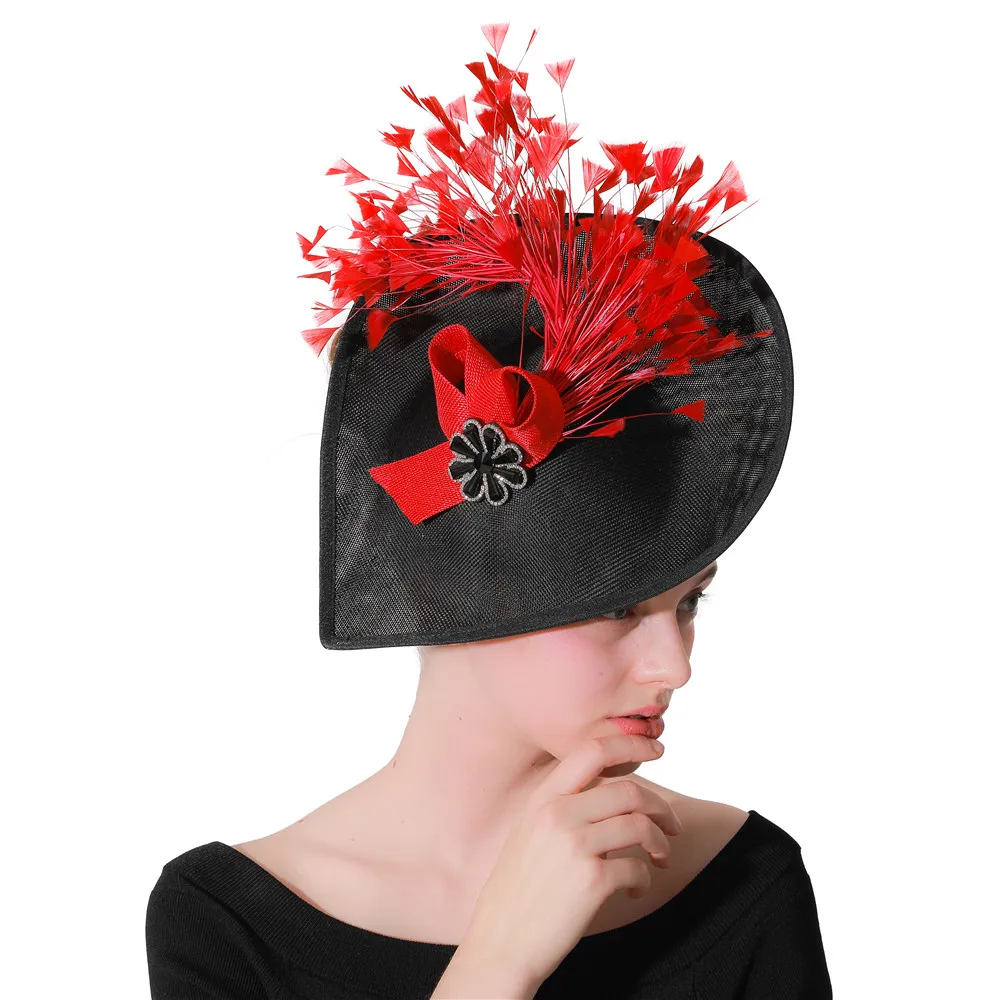 Винтаж черный имитация льняные Fascinators с красный цветок перо горный хрусталь свадьбы церковная фетровая шляпа-таблетка Для женщин котелки