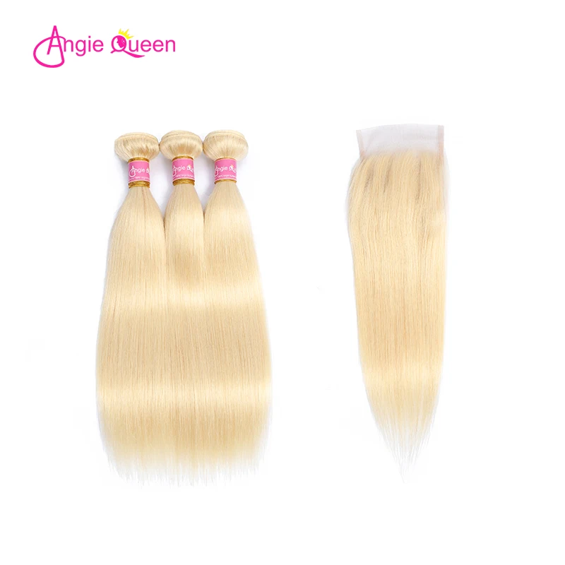 ANGIE QUEEN малазийские человеческие волосы плетение 613 пучков прямые 100% волосы Накладные натурального цвета блонд 4*4 Кружева Закрытие с 3