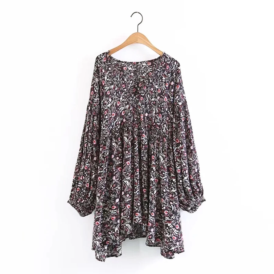 Boho blouse 2017 autumn cotton & rayon floral print blouses Vinatge V-Neck lantern long Sleeve Bohemia women blouses Hippie TOP