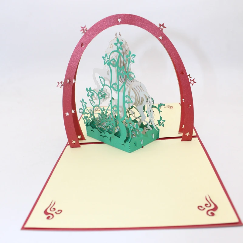  3D Handmade Red Cover Leaping White Horse Paper Invitation Greeting Cards PostCard Business Childre - 32913924889